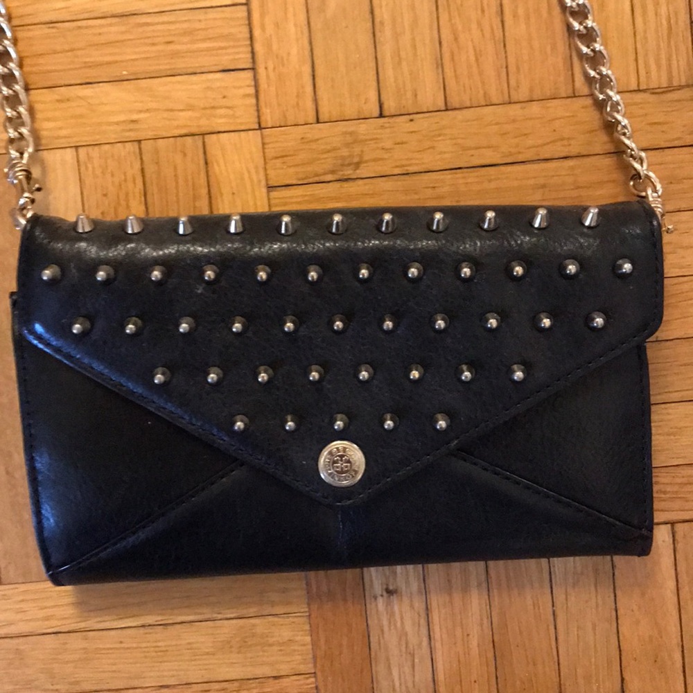 Rebecca Minkoff black studded wallet on a chain